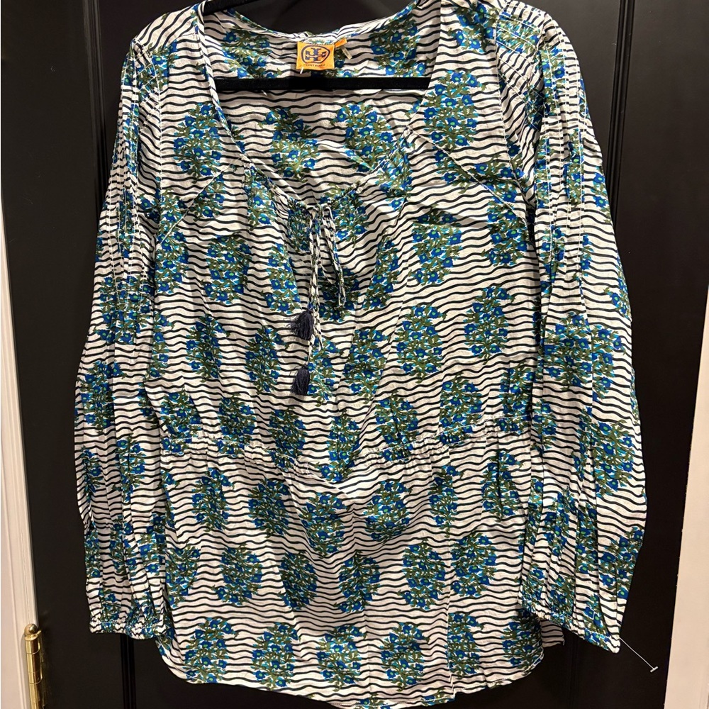Tory Burch tunic cotton stripe  hydrangeas paisley Floral Blouse size 12